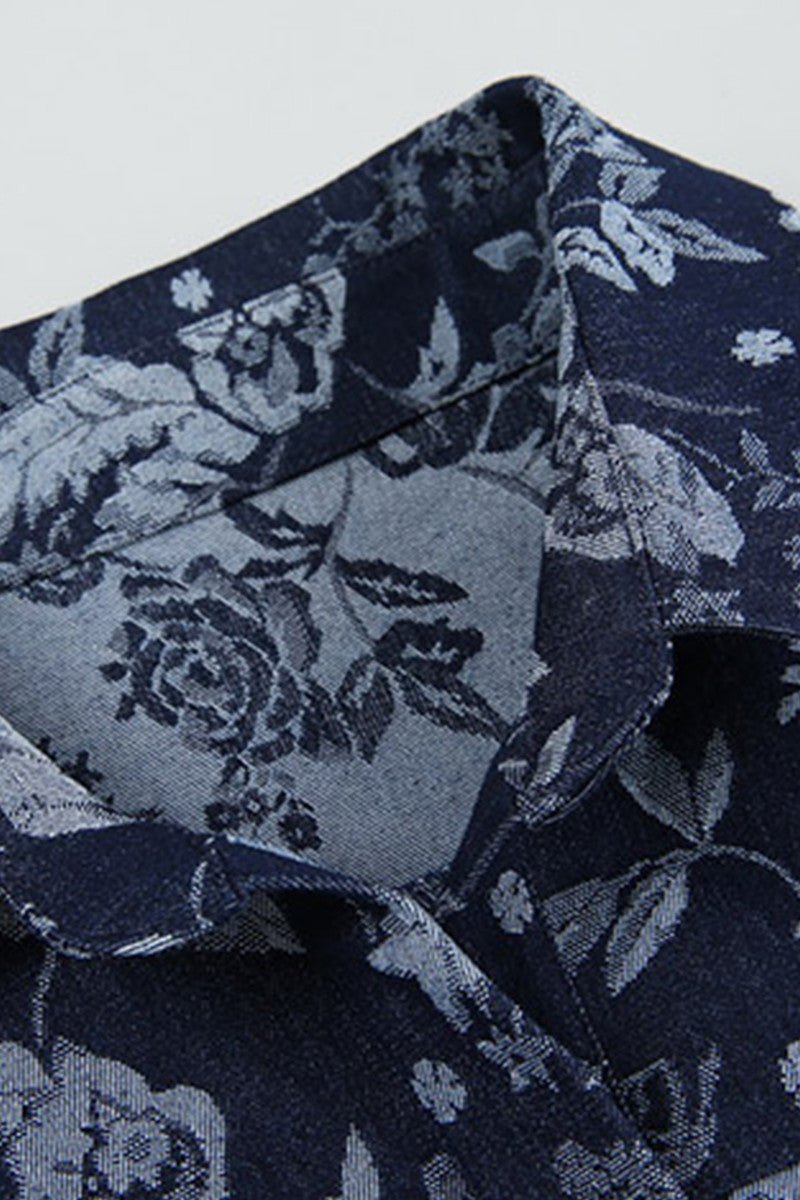 Lapel Neck Pattern Denim Dress With Belt