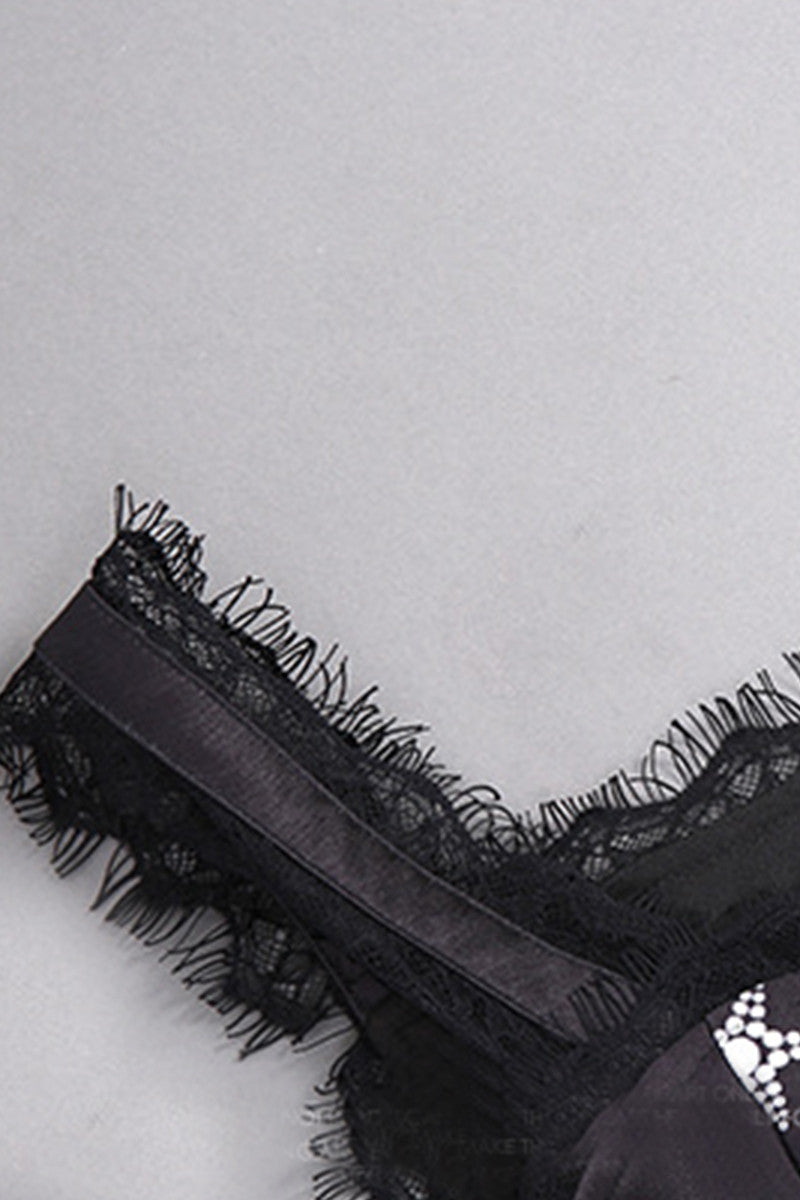Eyelash Low Cut Lace-Paneled Tiered Ruffle Bottom Cocktail Dress