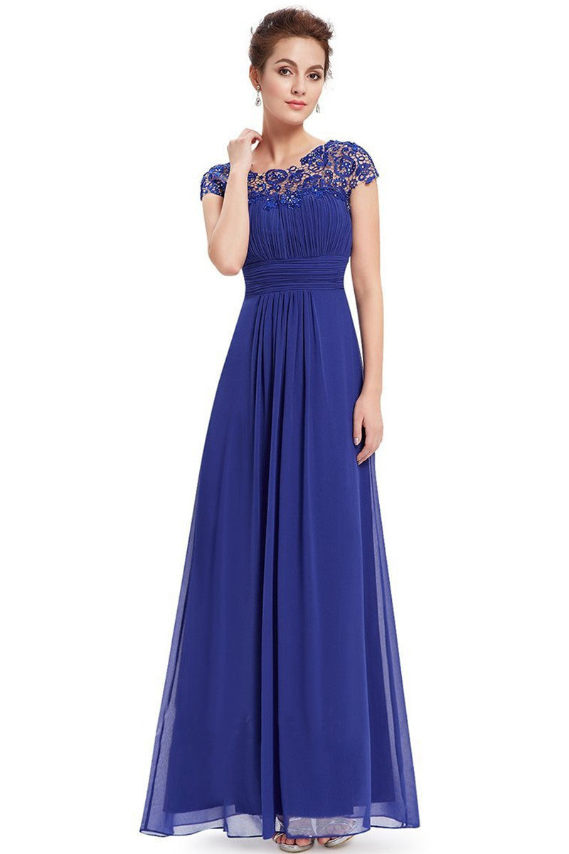 Boat Neck Lace AppliqueHollow-Out Back Empire Waist Tulle Gown Long Dress