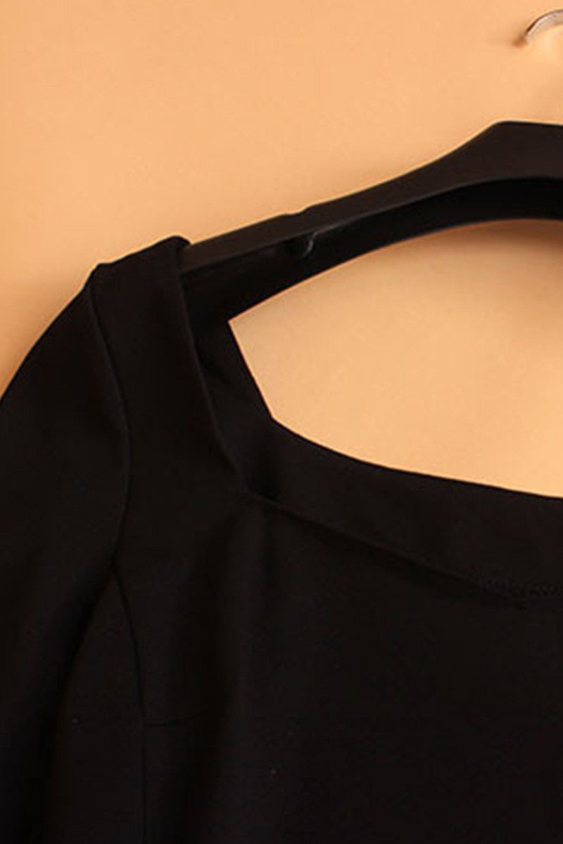 FORMAL ELEGANT WEAR TO WORK BLACK SQUARE NECK COCKTAIL DRESS