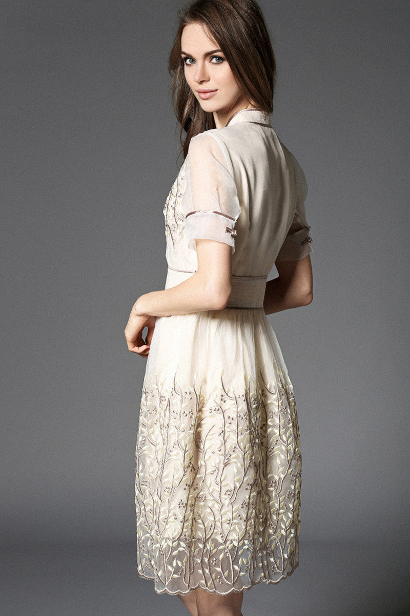 Chi-pao Stand Collar Floral Embroidery Organza Dress