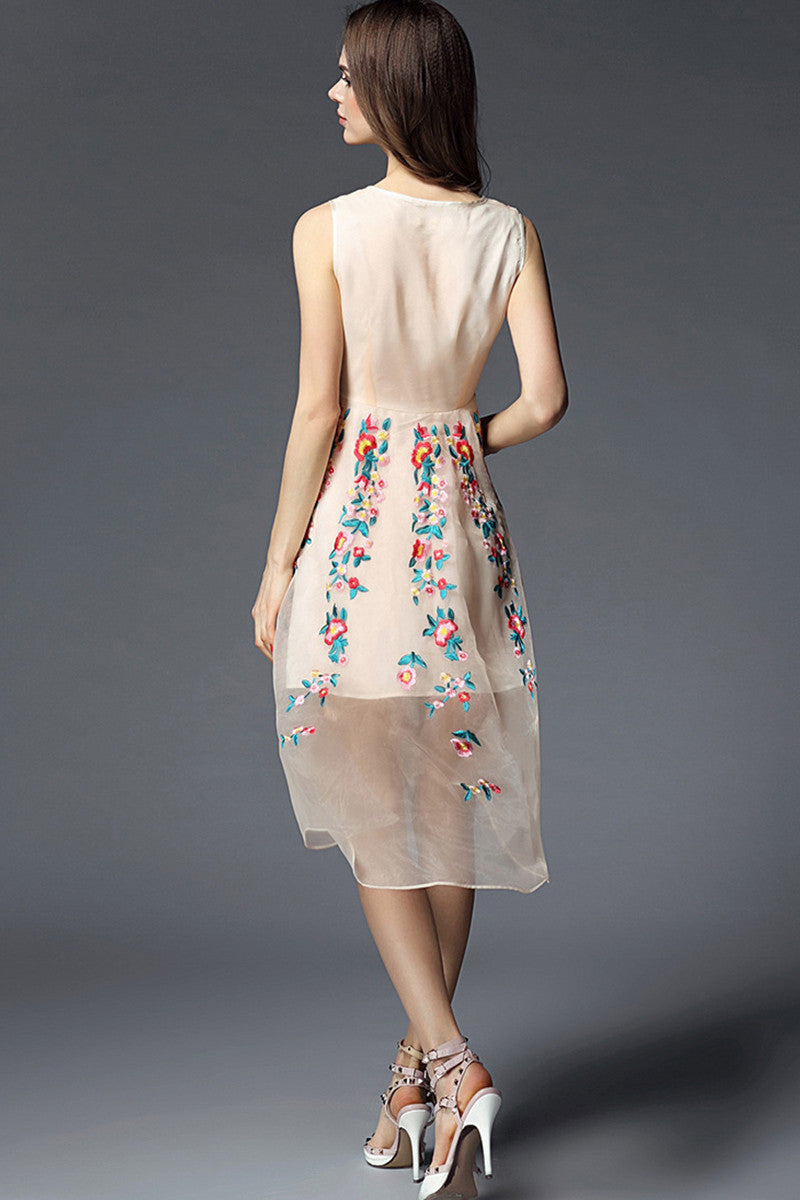 V Neck Floral Embroidery Mesh Hi-Low Irregular Flare Dress