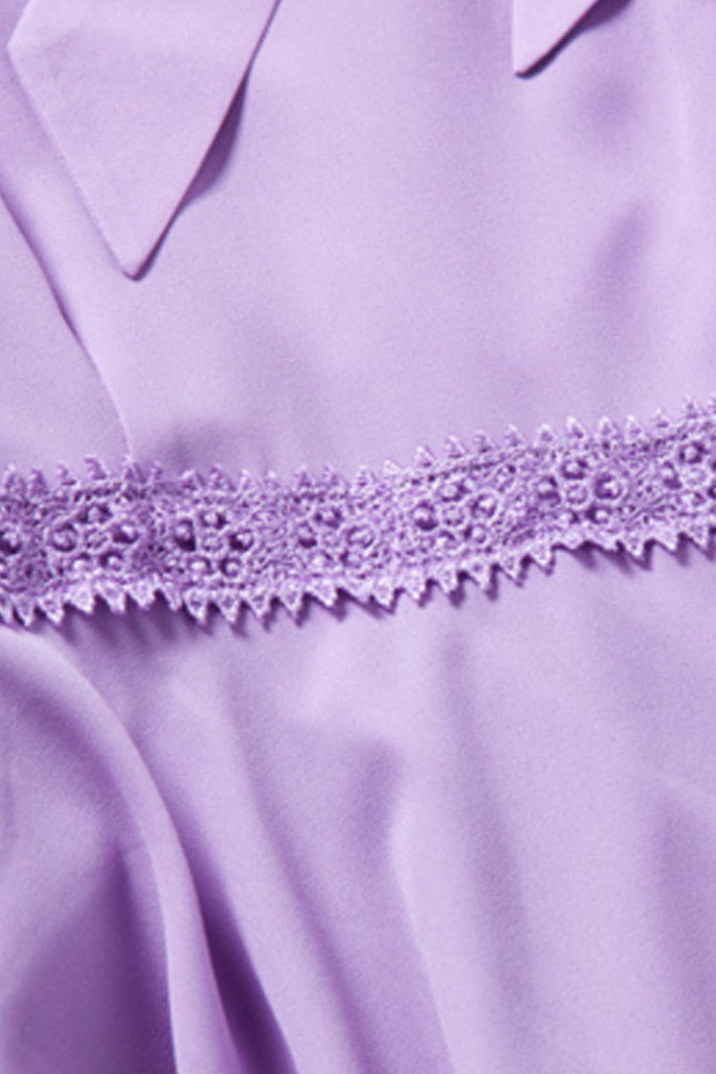 Bowknot Lacing Neck Lattern Sleeve Lace Patch Shirring Waist Chiffon Pleat Dress