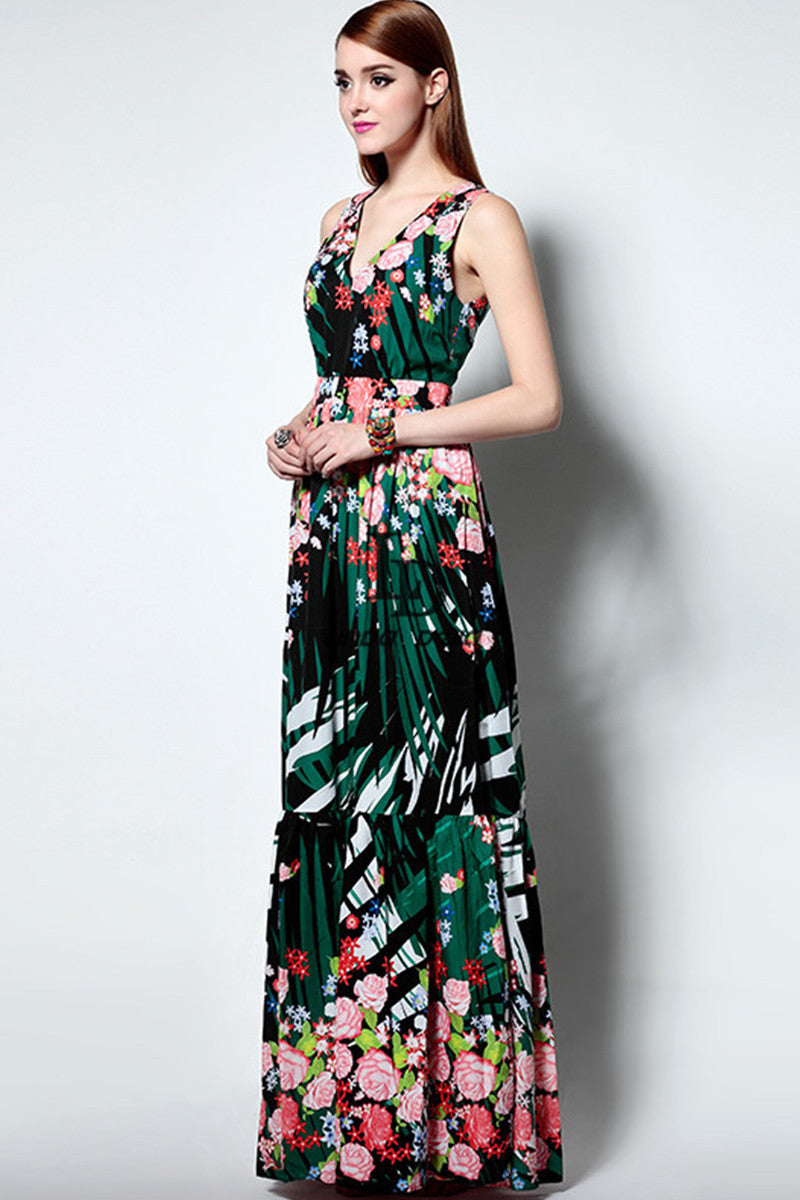 Contemporary Floral Maxi V-neck Vacation Dress