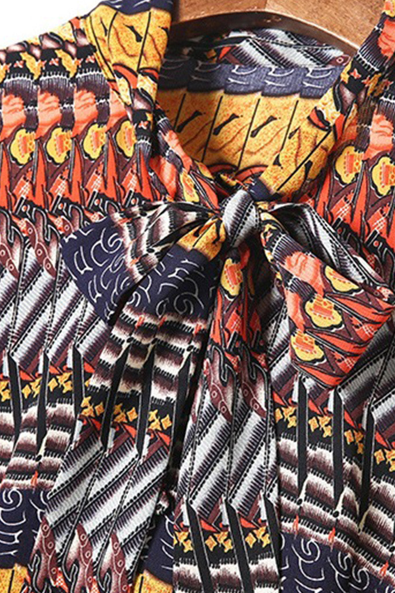 Bowknot Lacing Neck Pope Printing Swing Midi Dress