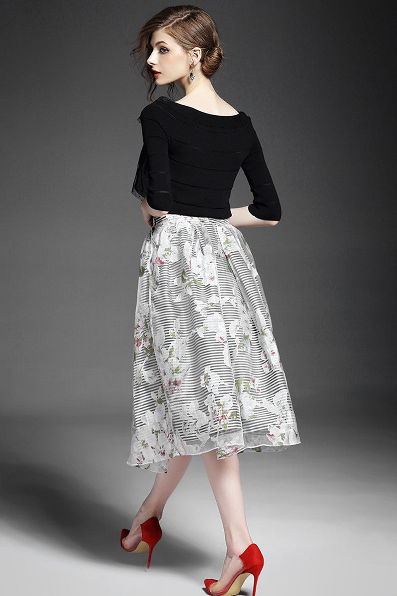 Women's Slim Half Sleeve Boat Neck Knitwear Casual Printing Floral Dress