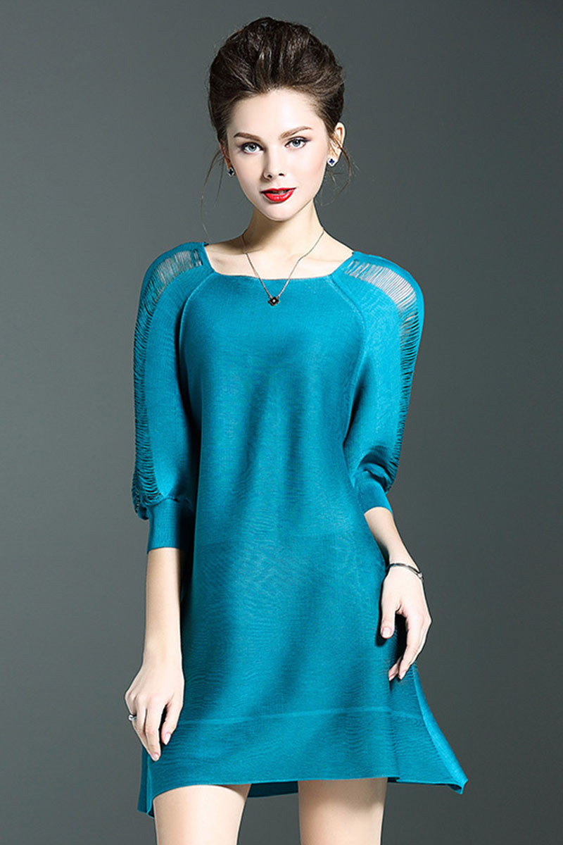 Boat Neck Hollow Out 3/4Sleeve Loose Dress