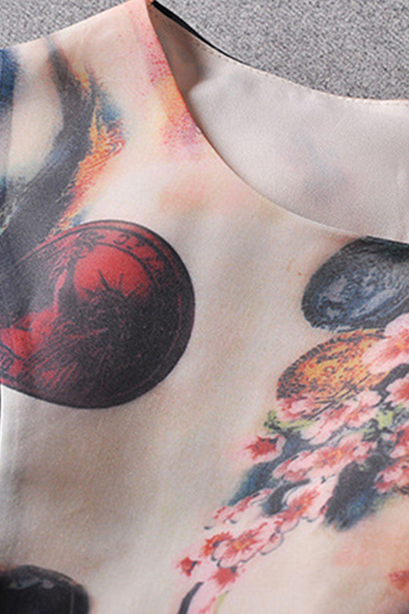 Round Collar Chinese Style Ink Pattern Full Dress