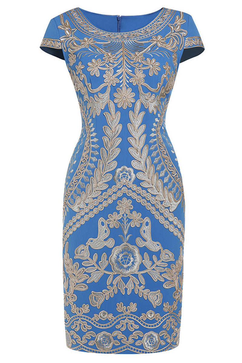 Round Collar Full Embroidery Pattern Slim Elegant Dress