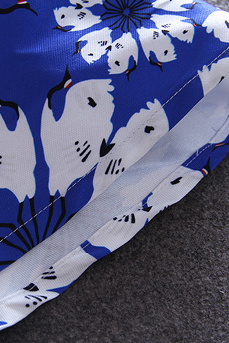 CASUAL BOAT NECK FIT LONG SLEEVE FLOWER PRINTING MIDI DRESS