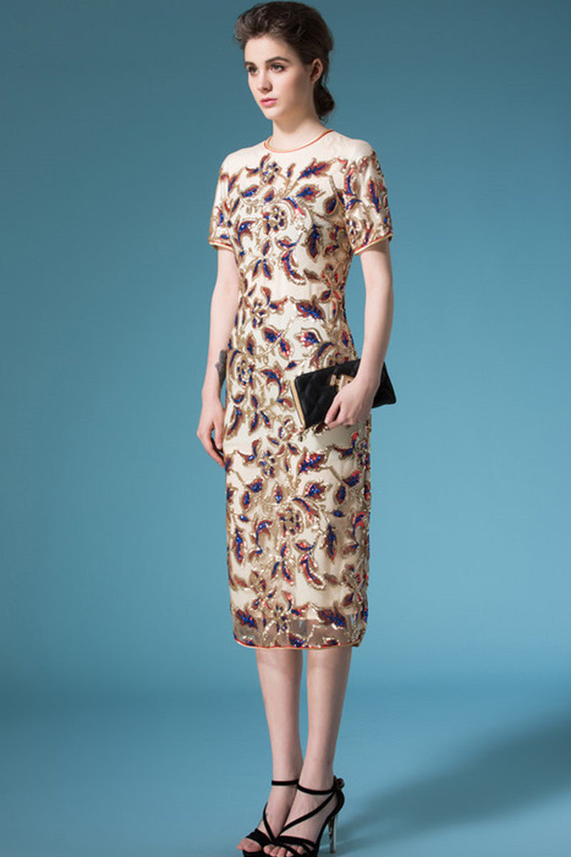 ELEGANT BEADED SHORT SLEEVE ROUND NECK MIDI DRESS