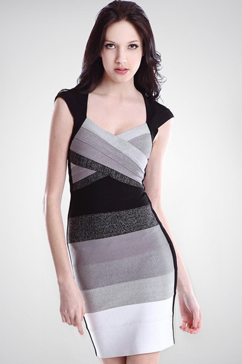 Cap Sleeve Bodycon Low Cut Color Block Warp Club Dress