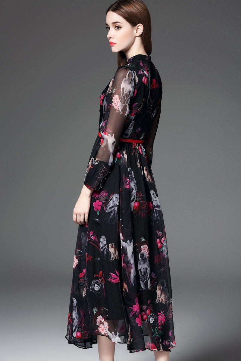 Casual Chiffon Floral Printed Slim Long Maxi Dress With Belt