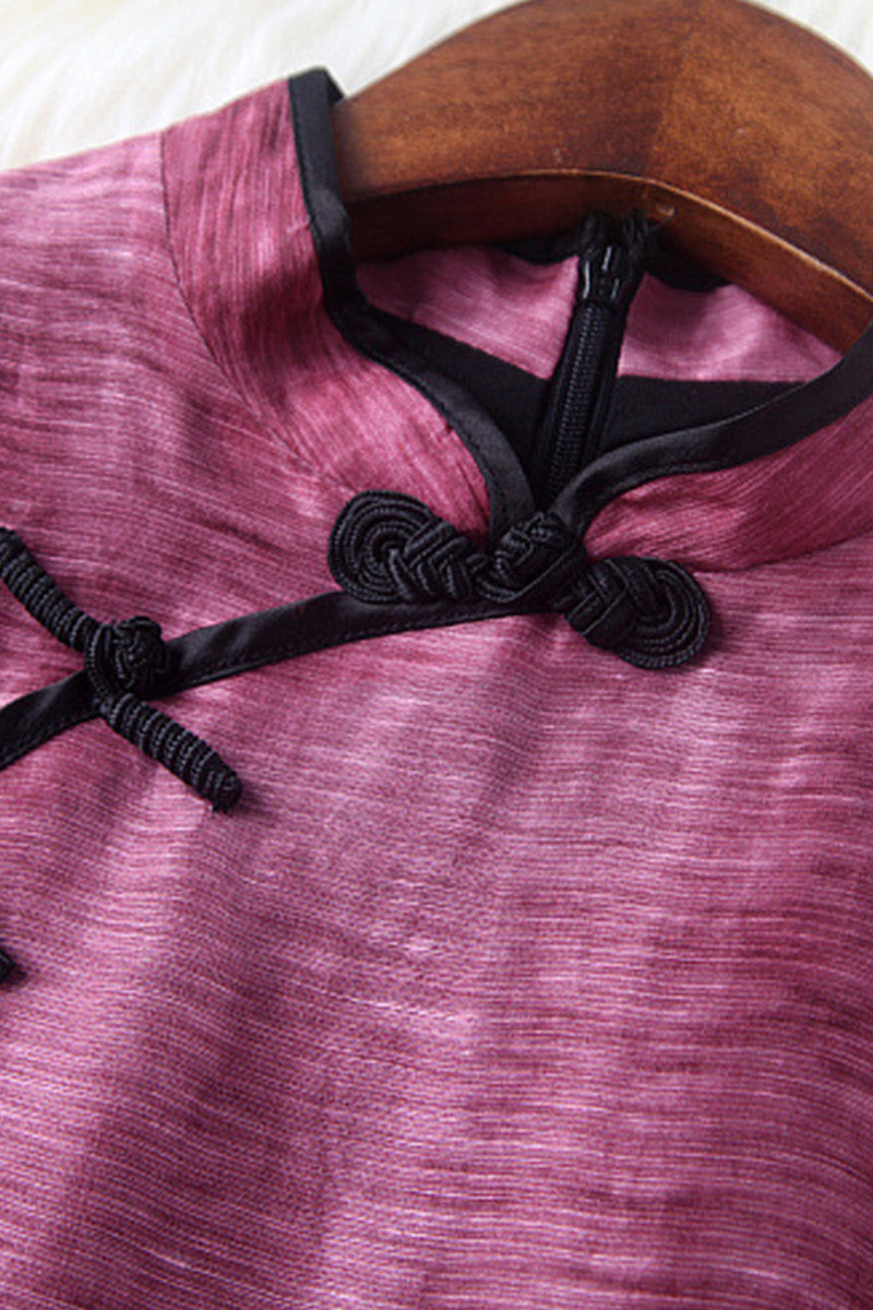 Stand Collar Chi-Pao Button Wavy Hemline Mesh Patch Slim Dress