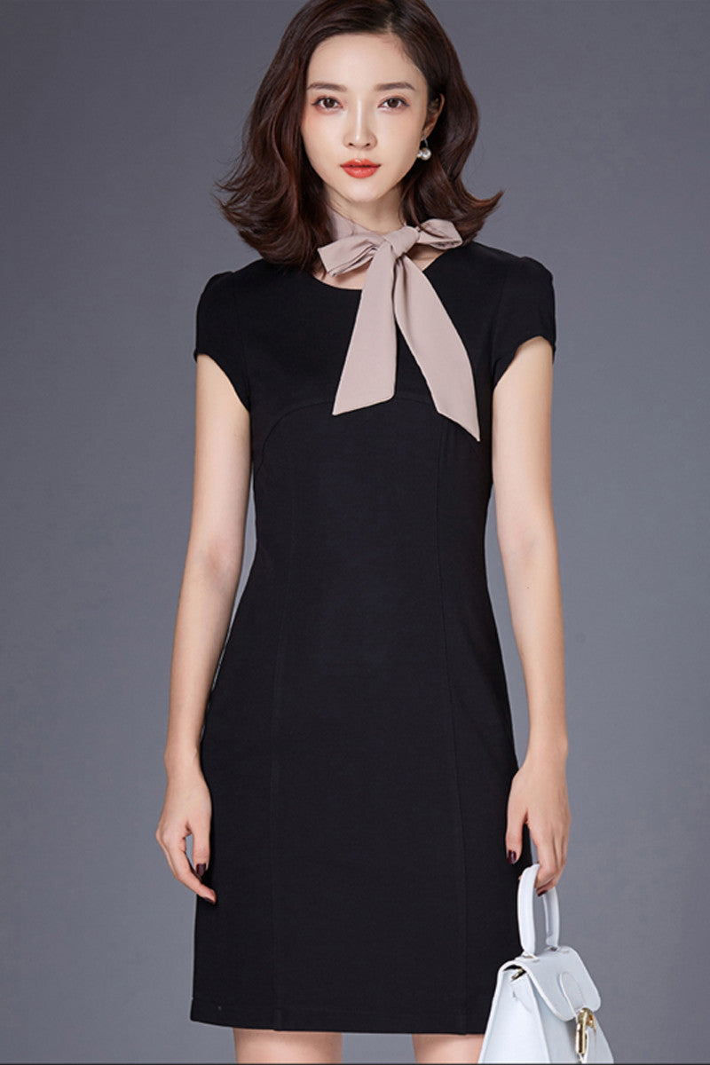 WOMEN'S ELEGANT WEAR TO WORK SHORT SLEEVE FORMAL BLACK SHORT DRESS