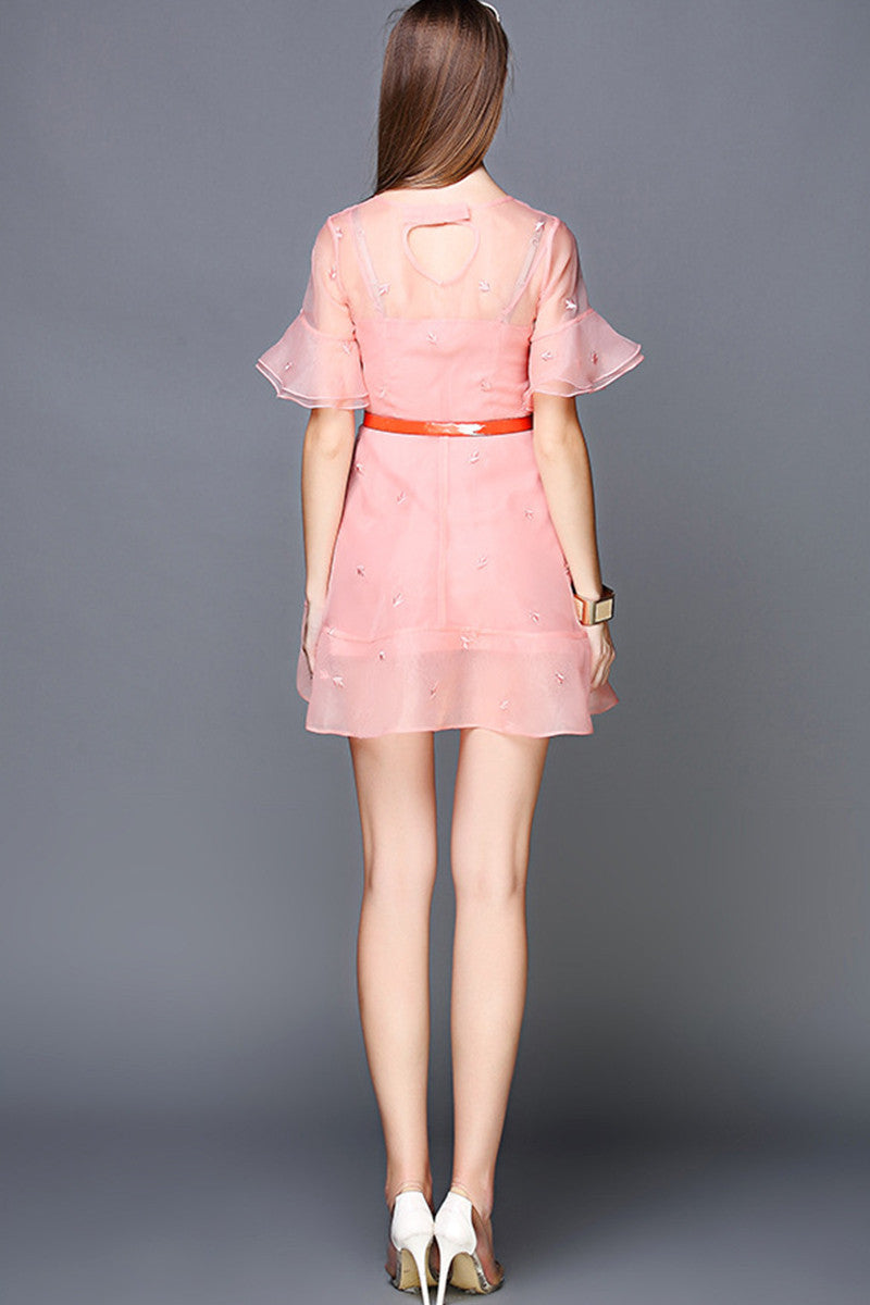 Chiffon Slim Waist Line Falbala Sleeve Dress