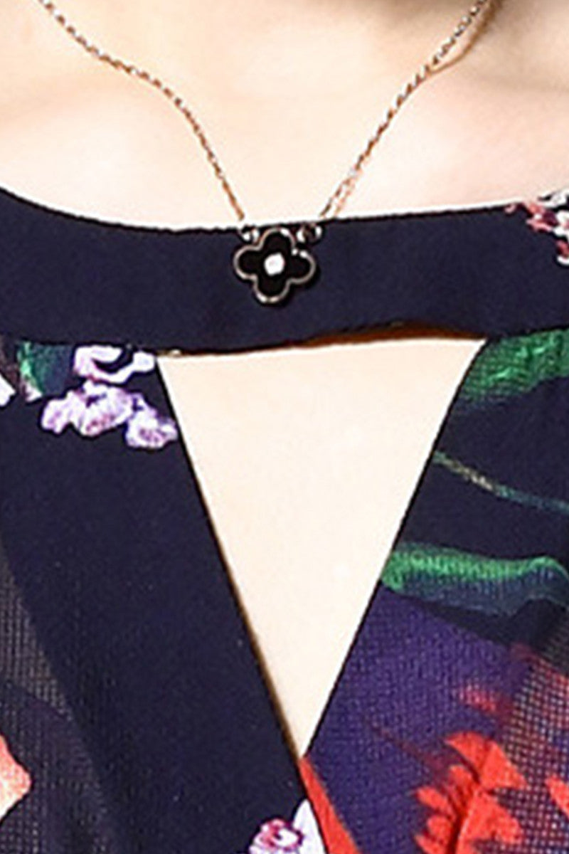 ELEGANT HOLLOW OUT ROUND NECK SLEEVELESS FLOWER PRINTING DRESS