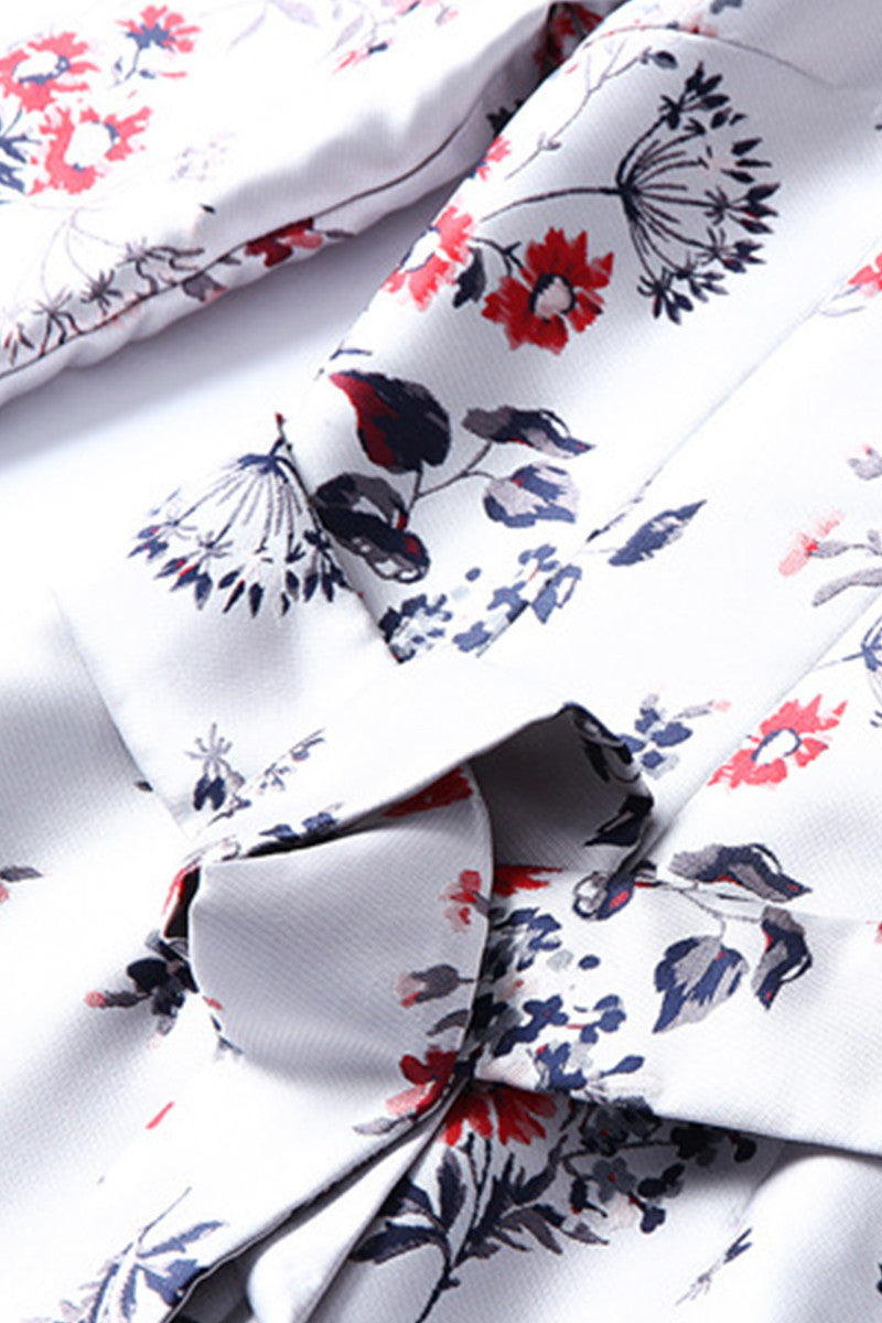 V Neck Floral Print Front Slit Lacing Waist Wrap Dress