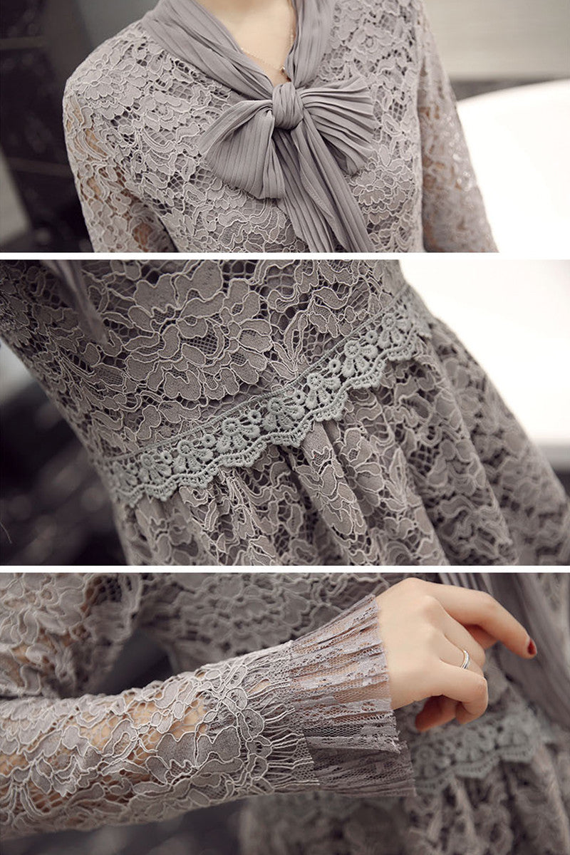 CASUAL LACE LONG SLEEVE V NECK VACATION HOLLOW-OUT DRESS