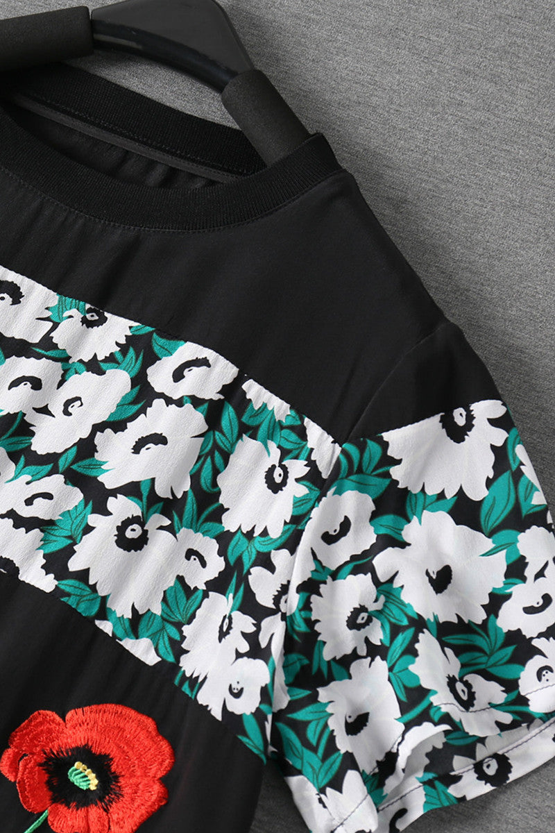 Round Collar Floral Print Flower Embroidered Top