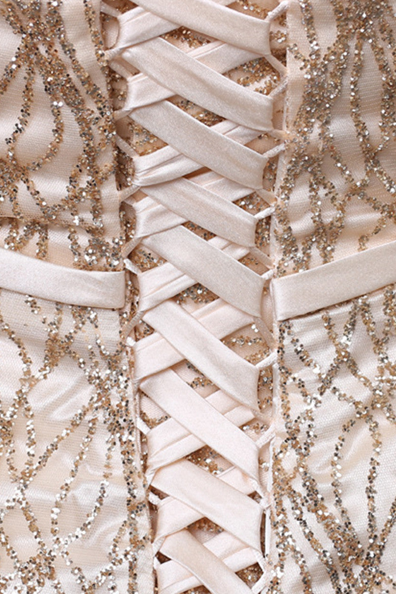 Rose Gold Gliter Off Shoulder Short Sleeve Prom Party Dress
