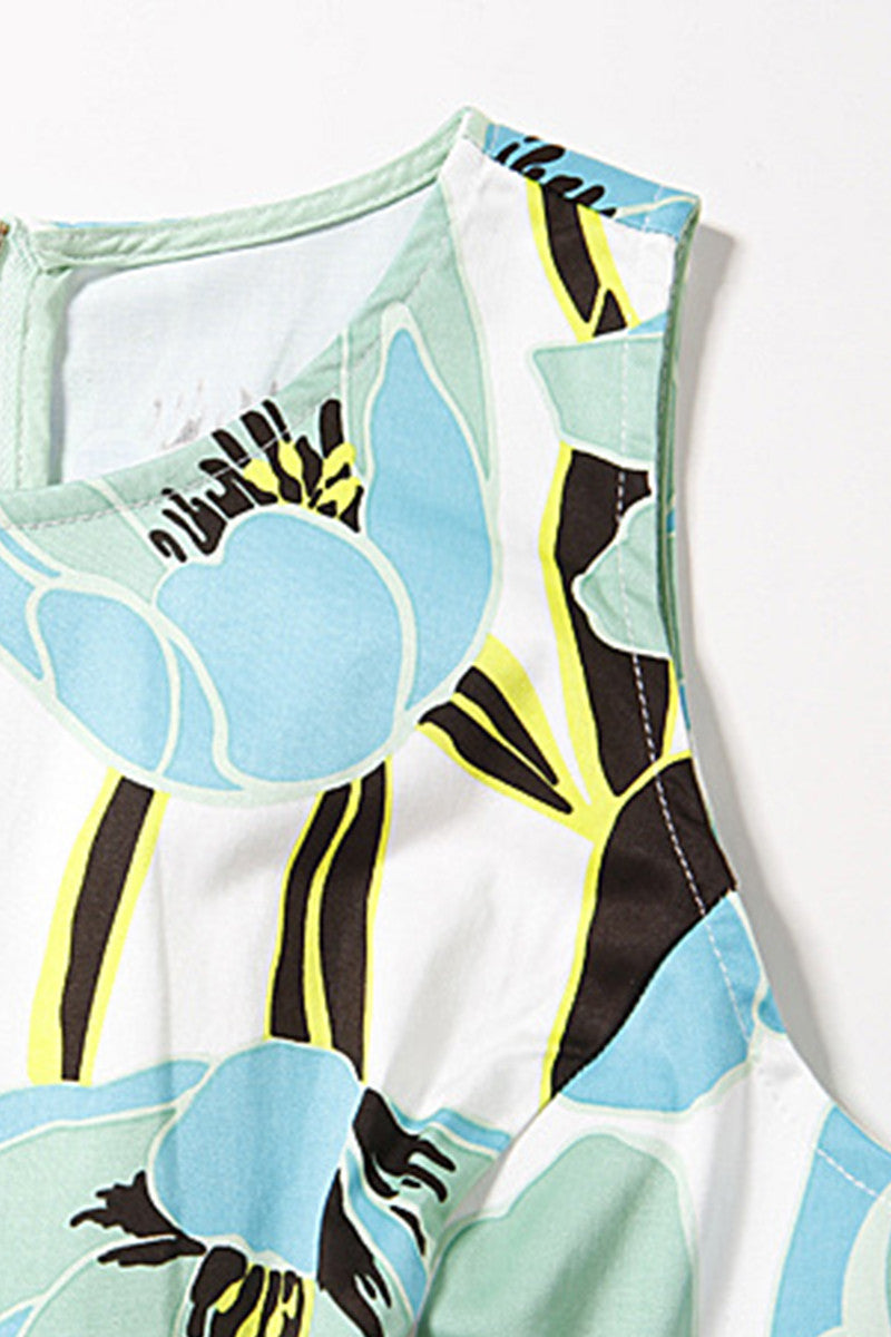 CASUAL ROUND NECK PRINT AND FLORAL SLEEVELESS SLIM DRESS