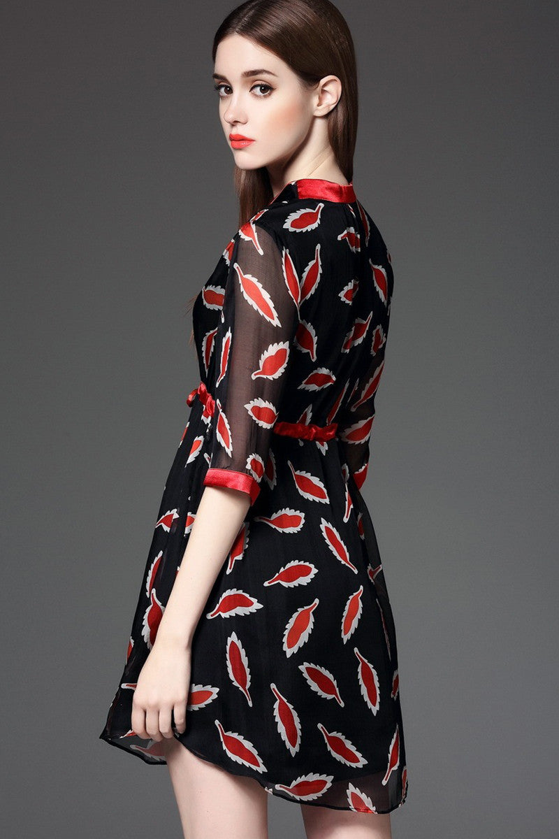 V Neck Leaves Print Sheer Chiffon Sleeve Lacing Waist Mini Dress