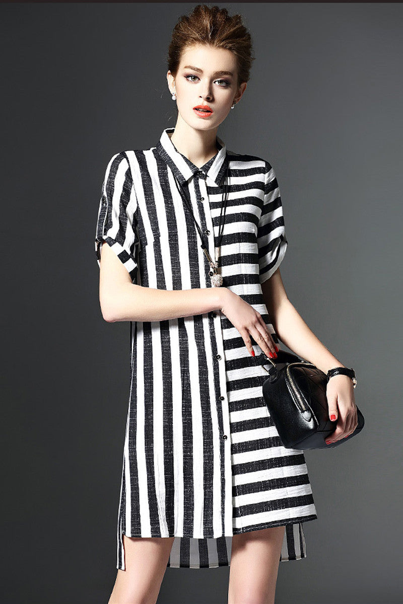 WOMEN'S SHORT SLEEVE STRIPE CASUAL SHORT DRESS