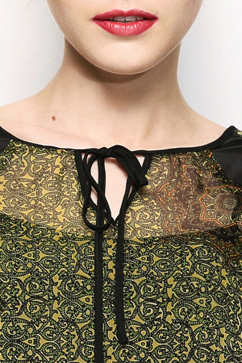 Sheer Printing 3/4 Sleeve Round Neck Blouse
