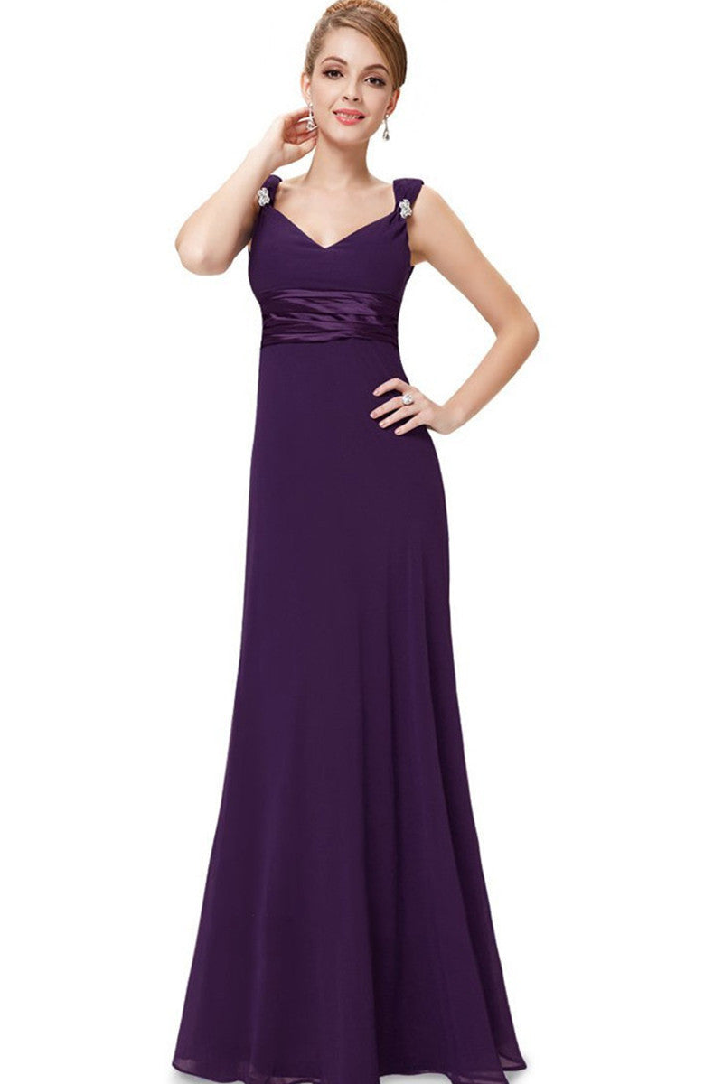Double V-Neck Rhinestones Ruched Bust Gown Long Dress