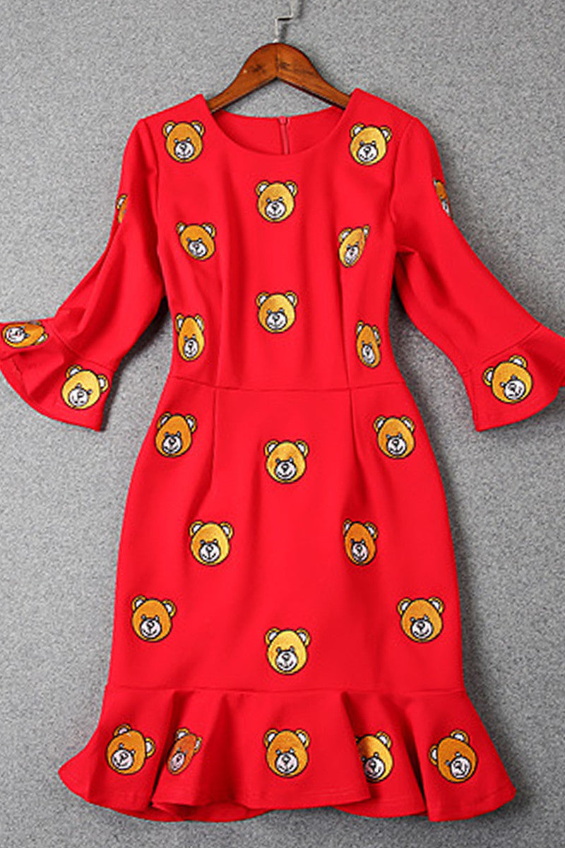 WOMEN'S PRINT AND FLORAL VOCATION HALF SLEEVE ROUND NECK SLIM DRESS