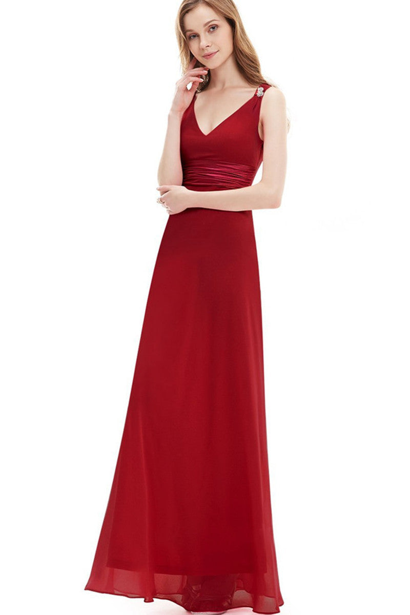 Double V-Neck Rhinestones Ruched Bust Gown Long Dress