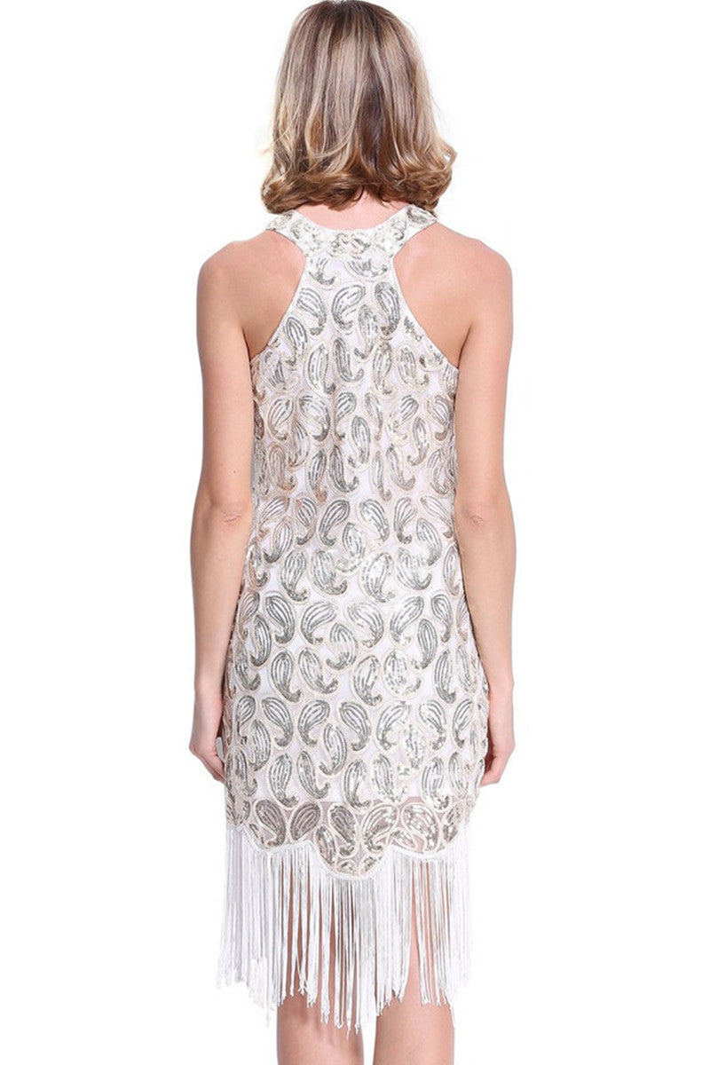V Neck Full Sequined Geometric Pattern Tassel Fringe Flapper Dress - NJOYDRESS - 3