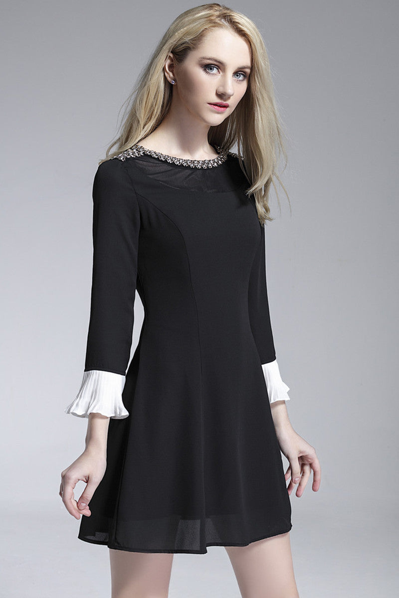 Beaded Round Collar Ruffle Flare Sleeve Slim Dress