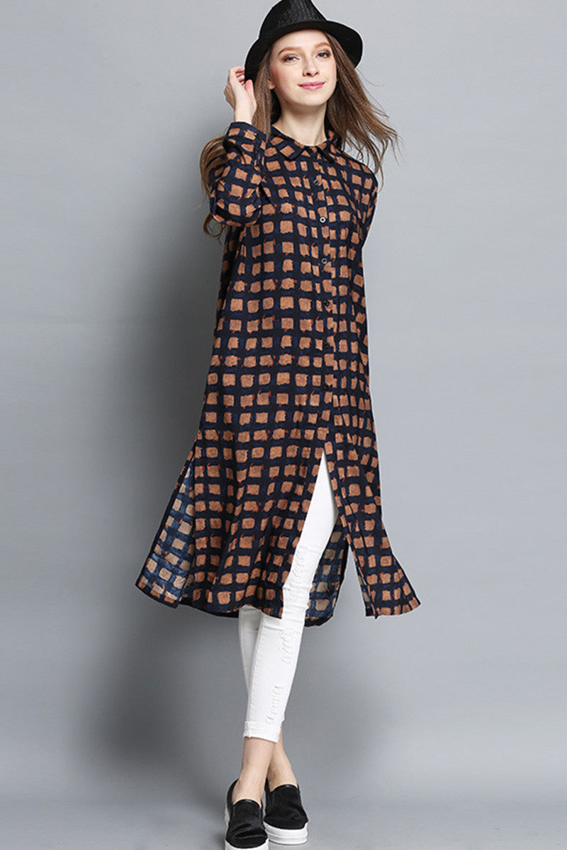 Napel Neck Button Down Front Slit Plaid Print Loose Shirt Plus-Size Dress