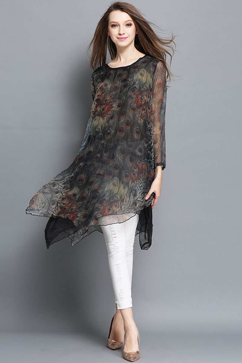 Peacock Feather Painting Irregular Plus-Size Dress