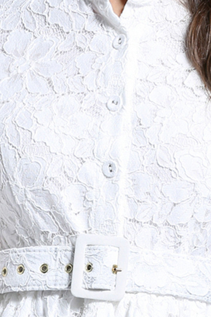 Stand Pearl-Collar Flock-Lace Pleated Dress With Belt