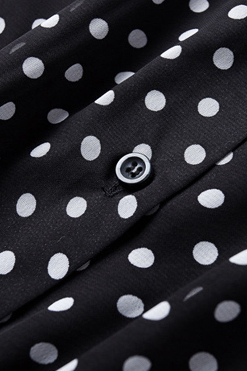 Lacing Neck Dots Print Slim Pleat Flare Midi Chiffon Dress
