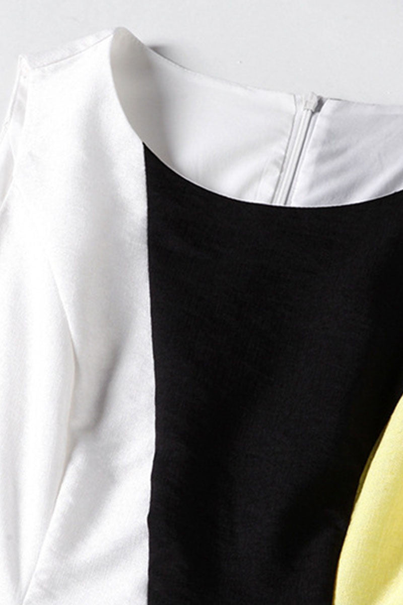 Round Collar Color Block Flare Swing Front Short Long Back Dress