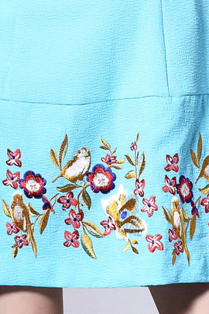 V NECK A-LINE CAP SLEEEVE EMBROIDERY FLOWER CASUAL DRESS