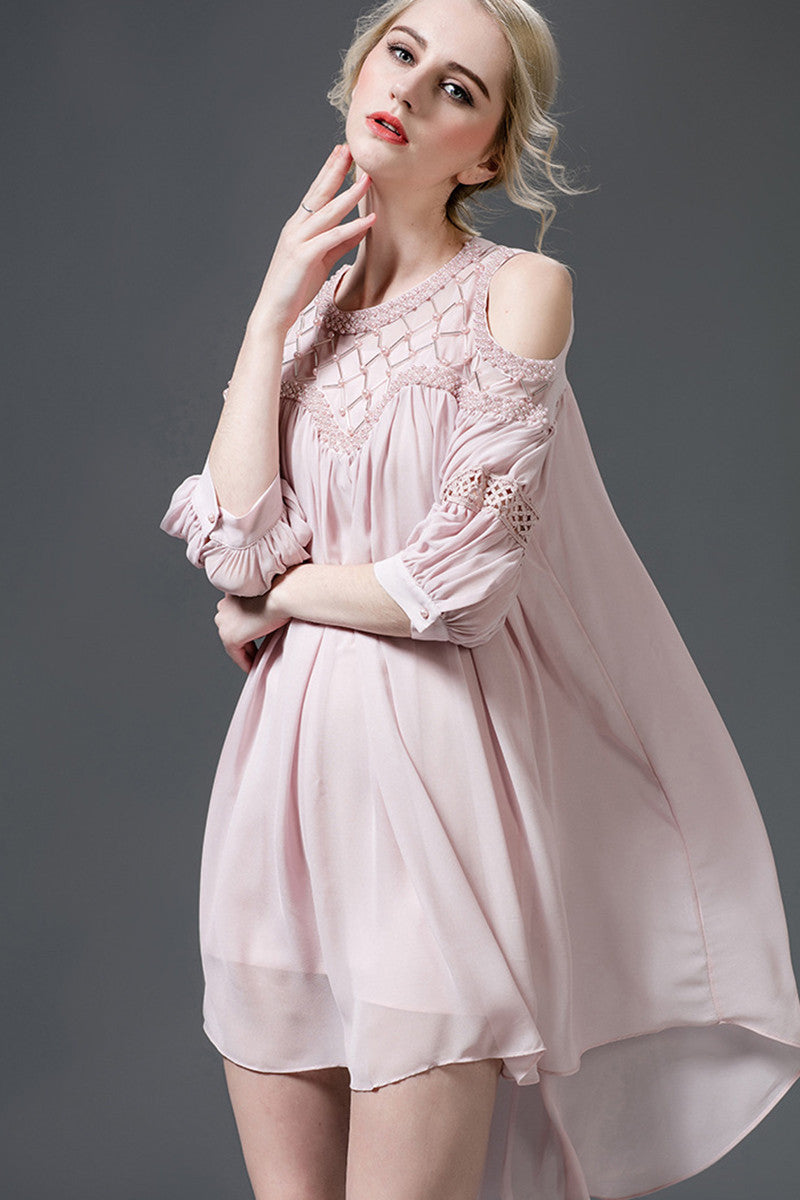 Beaded Open Puff Sleeve Loose Runched Hi-Low Dress