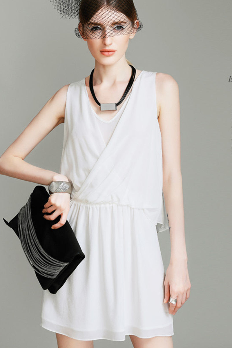 Cross V Neck Shirring Waist Dress