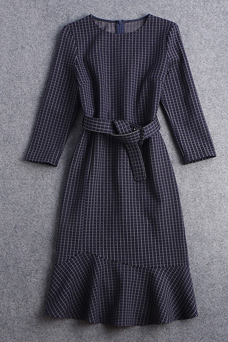 Round Collar Plaid Fish Tail Slim And Fitted Dress With Belt