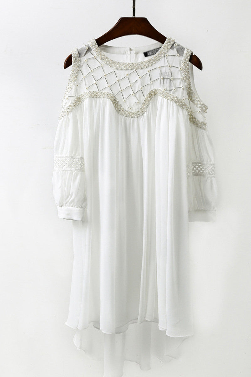 Beaded Open Puff Sleeve Loose Runched Hi-Low Dress
