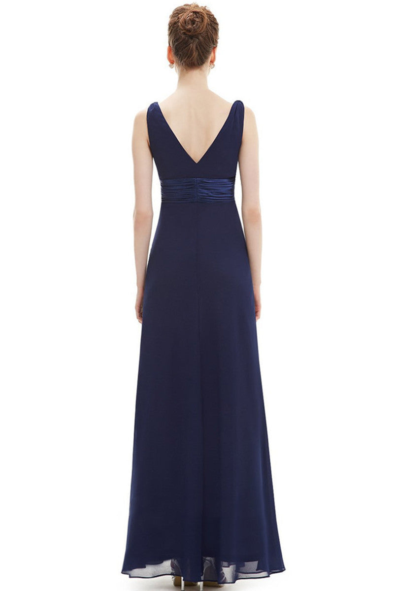 Double V-Neck Rhinestones Ruched Bust Gown Long Dress