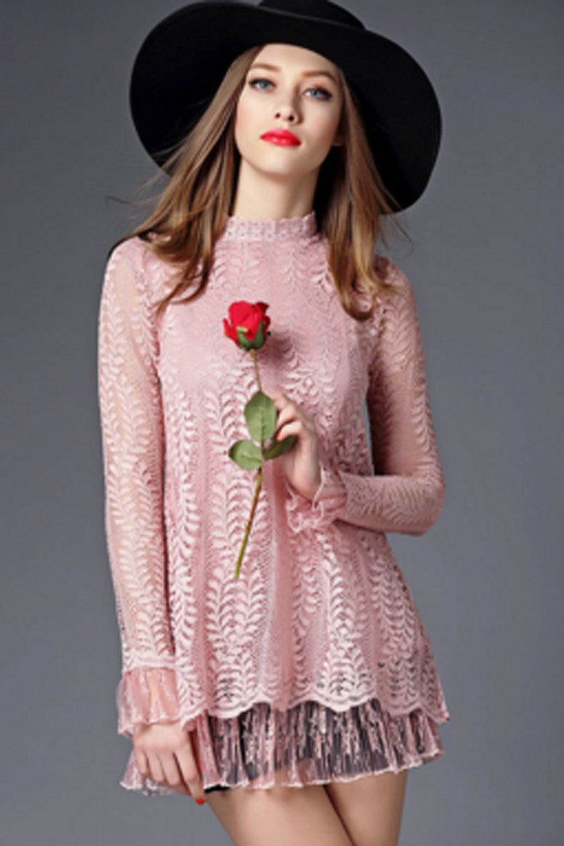 Mock Neck Pink Color Lace Sweety Fashion Tops - NJOYDRESS - 1