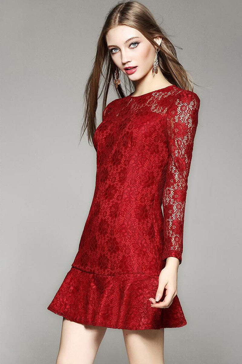 Womens' Floral Lace Long Sleeve Short Dress Boat Neck Dress