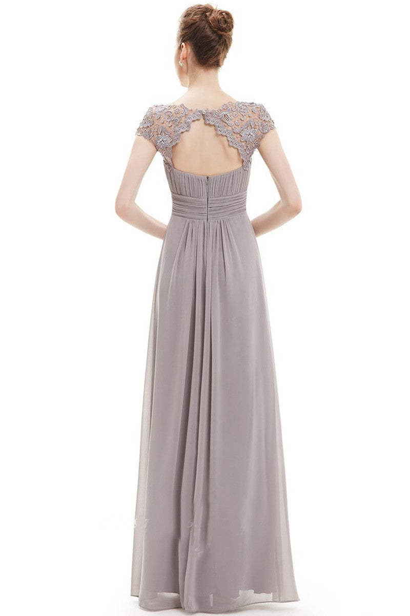 Boat Neck Lace AppliqueHollow-Out Back Empire Waist Tulle Gown Long Dress