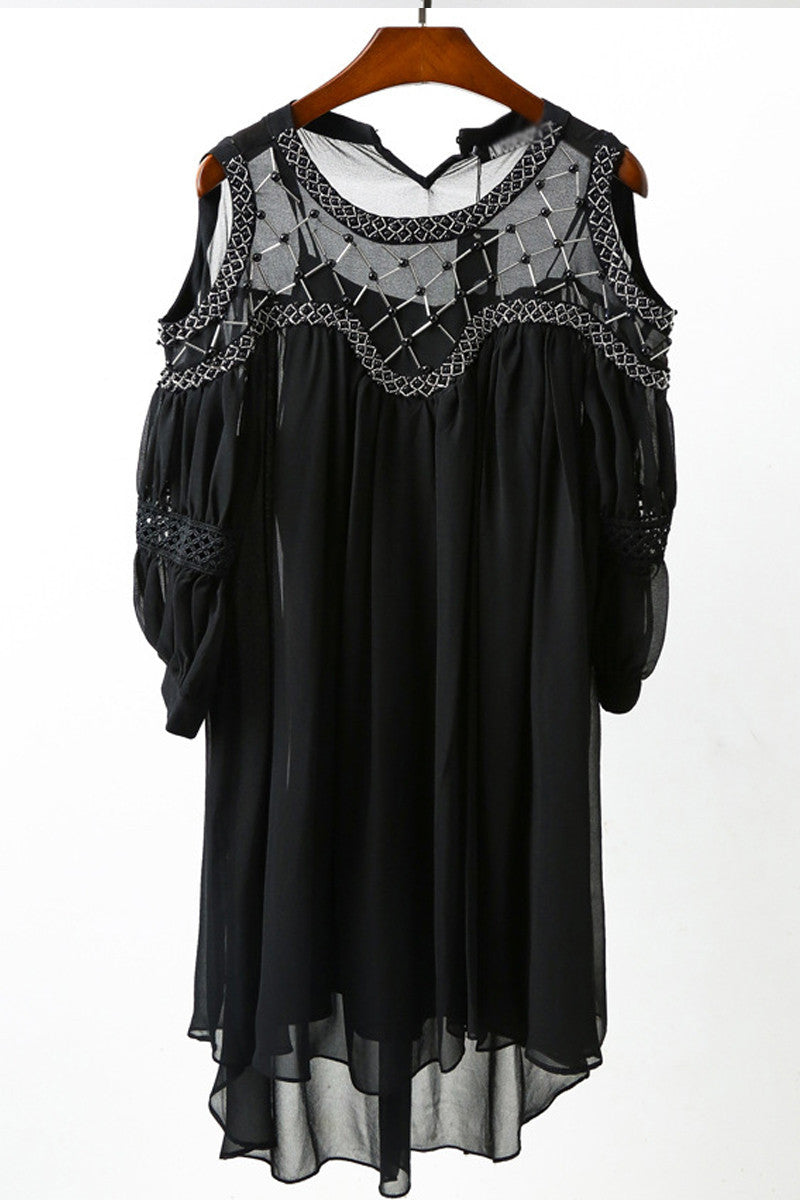 Beaded Open Puff Sleeve Loose Runched Hi-Low Dress