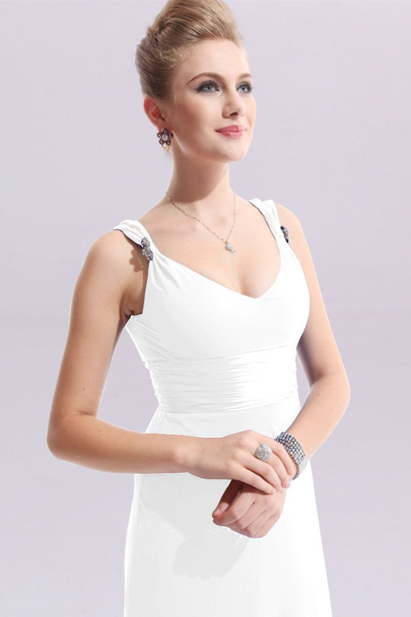 Double V-Neck Rhinestones Ruched Bust Gown Long Dress